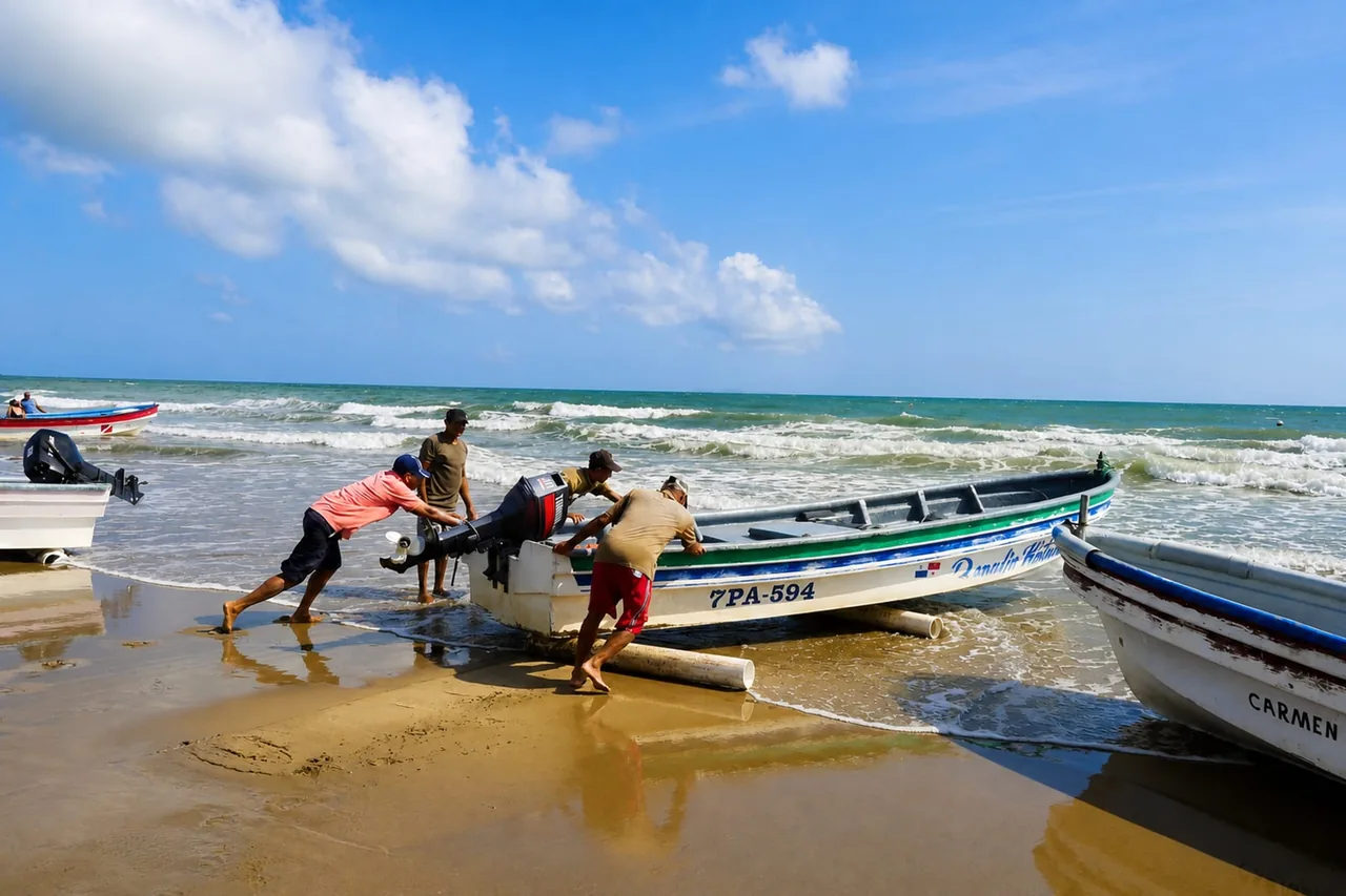 Fishermen pushing a panga into the surf at Playa Destiladeros.